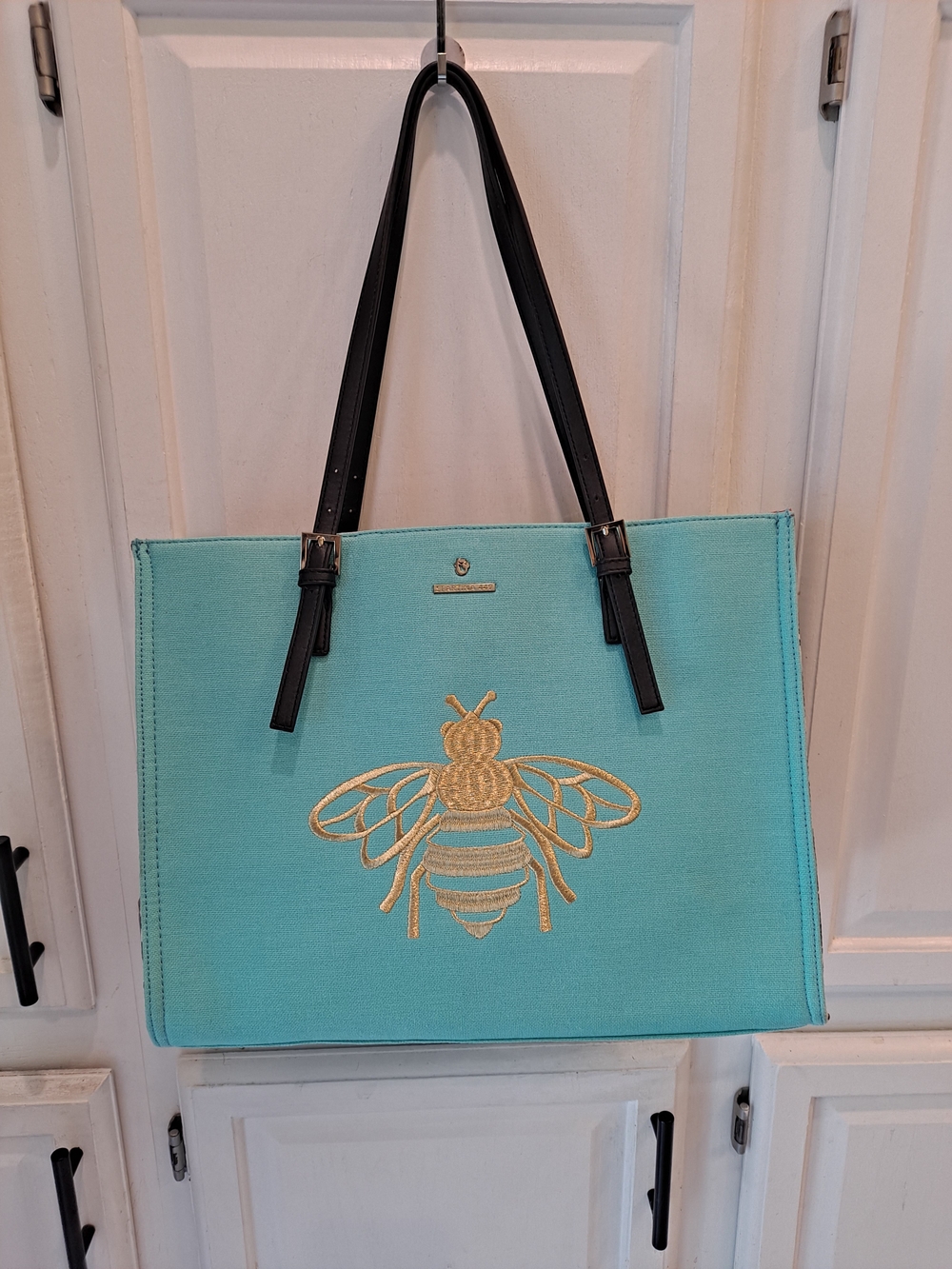 Spartina 449 Turquoise Bag Gold Embroidered Bee Tote Bag w/Black Straps & Floral